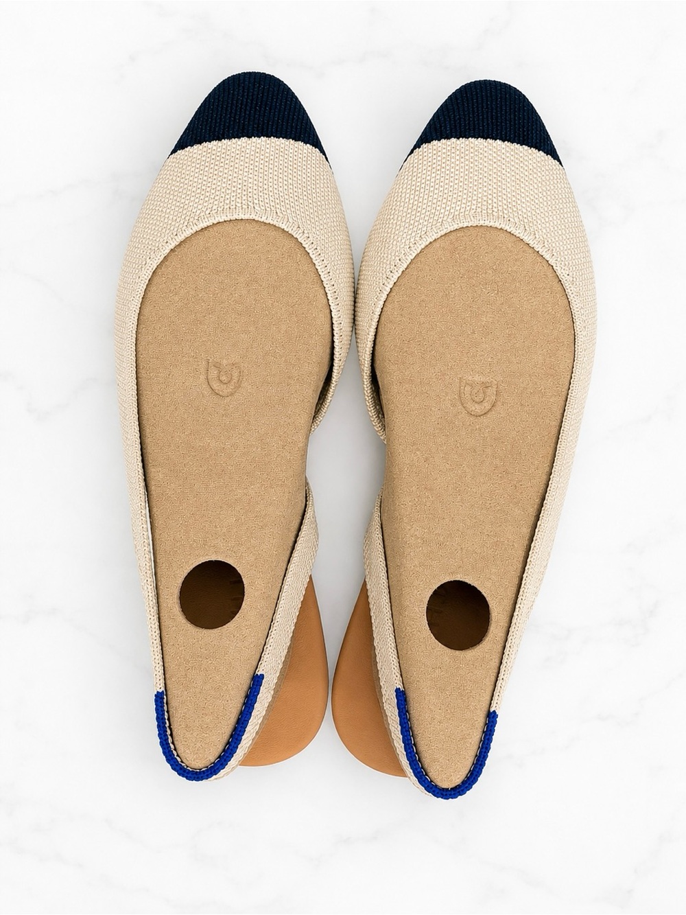 Rothy's Beige Knit Pointed Toe Flats with Navy Cap Toe and Blue Trim